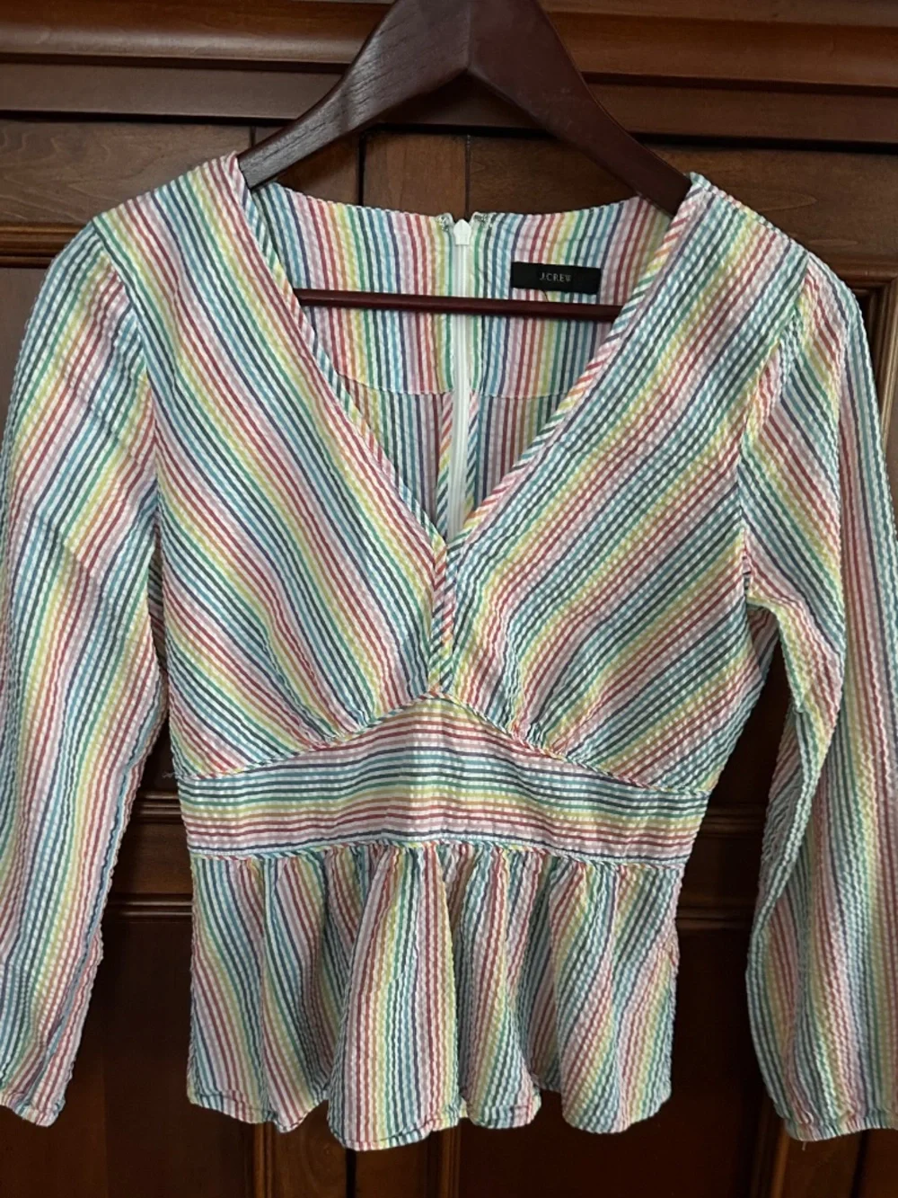 J. Crew V-Neck Peplum Cotton Top Rainbow Seersucker Stripes #AM647 Size 4/6 NWOT